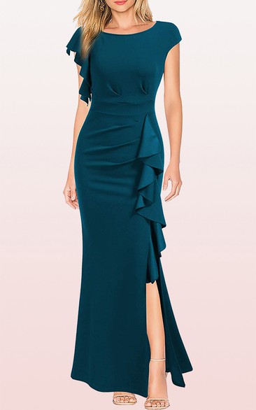 Sexy Jersey Sleeveless Bateau Sheath Guest Dress With Split Front and Ruffles