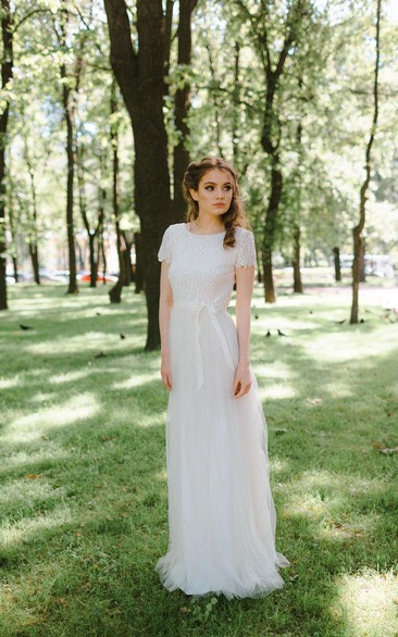 Short Sleeve Jewel Neck Tulle Long Gown With Low-V Back
