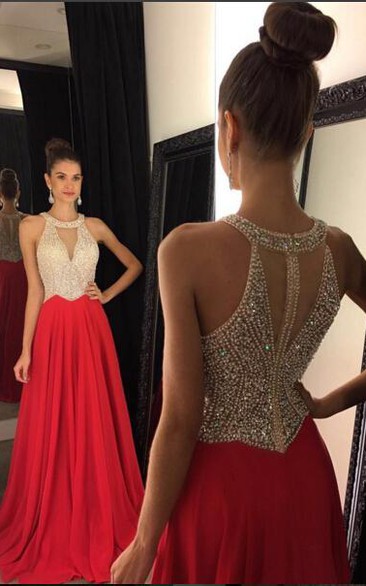 Elegant Red Sleeveless Long Prom Dresses Chiffon With Crystals