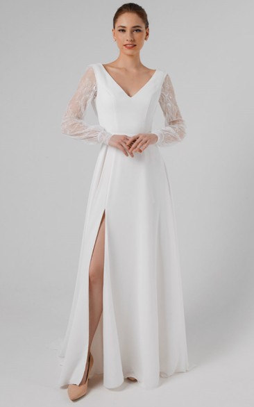 Simple A Line Chiffon and Lace V-neck Wedding Dress with Split Front
