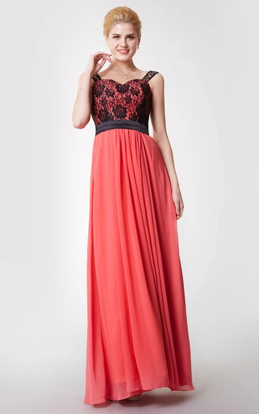 Sleeveless A-line Long Chiffon Dress With Lace Bodice