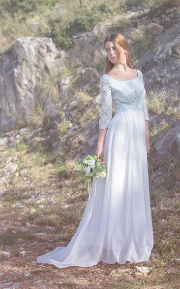 Scoop Illusion Sleeve Long Chiffon Wedding Dress With Lace And Button Back