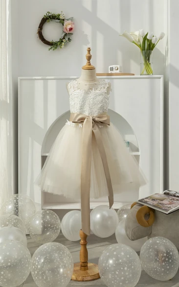 Lace Elegant Tulle A-line Champagne White Flowergirl Dress