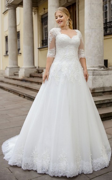 Modern Tulle Ball Gown Floor-length Half Sleeve Wedding Dress with Appliques