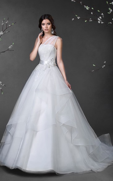 Ball Gown Long One-Shoulder Sleeveless Lace-Up Tulle Satin Dress With Draping And Tiers