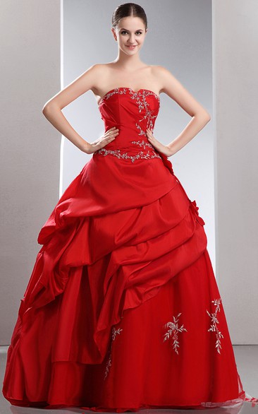 Flamboyant Taffeta Tiered A-Line Ball Gown With Beading and Embroideries