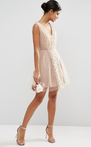 Mini A-Line V-Neck Sleeveless Lace Tulle Bridesmaid Dress With Ruching