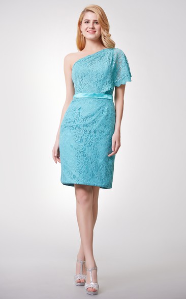 Stunning One Shoulder Short Lace Dress With Satin Sash