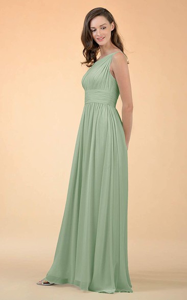 Simple One-shoulder A Line Sleeveless Floor-length Chiffon Bridesmaid Dress With Ruching