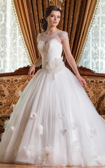 Ball Gown Floor-Length Scoop Short-Sleeve Corset-Back Tulle Dress With Flower And Beading