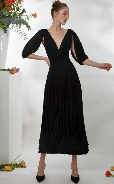 Sexy Chiffon Plunging Neckline Half Sleeve Ruching Cocktail Dress With Low-V Back