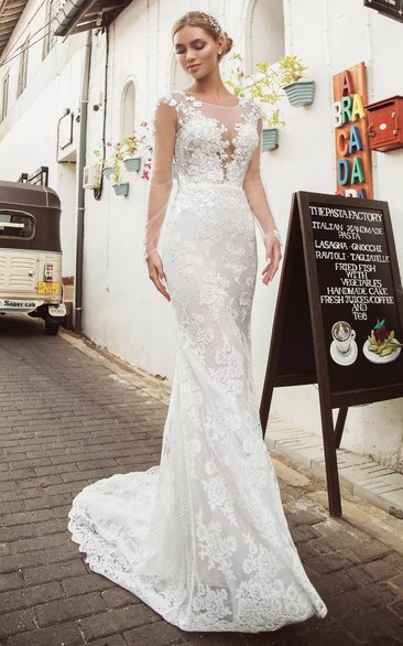 Modern Lace Floor-length Long Sleeve A Line Illusion Wedding Dress