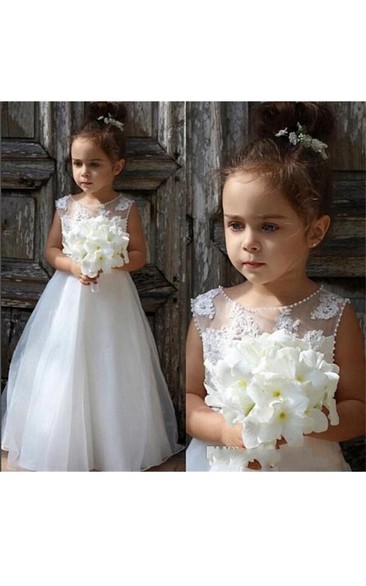 Flower Girl Pearl Neck Tulle Ball Gown With Appliques