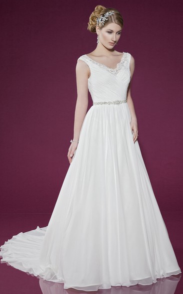 Long V-Neck Ruched Chiffon Simple Wedding Dress With Court Train And Illusion