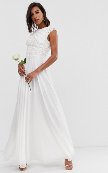 Simple Chiffon and Lace Sheath Jewel-neck Long Bridal Gown