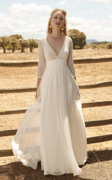 Plunging Chiffon 3/4 Sleeve Ethereal Wedding Dress With Lace Top And Deep V-back