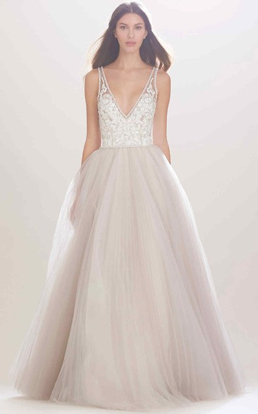 A-Line Sleeveless Appliqued V-Neck Tulle Wedding Dress With Beading And Illusion