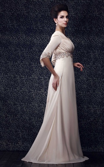 Half-Sleeve V-Neck Floor-Length Dress With Beaded Waist