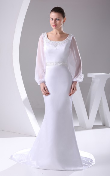 Square-Neck Beaded Mermaid Satin Dress With Long-Sleeve Design and Court Train