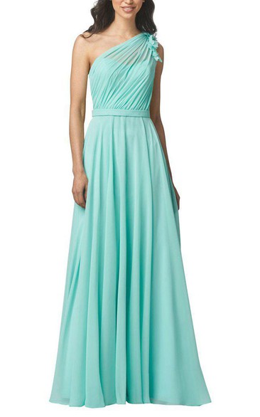 Illusion One Shoulder Chiffon Bridesmaid Dress with Flowers