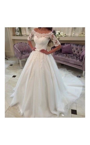 Off-shoulder Pleated Tulle Ball Gown With Lace Half Sleeves