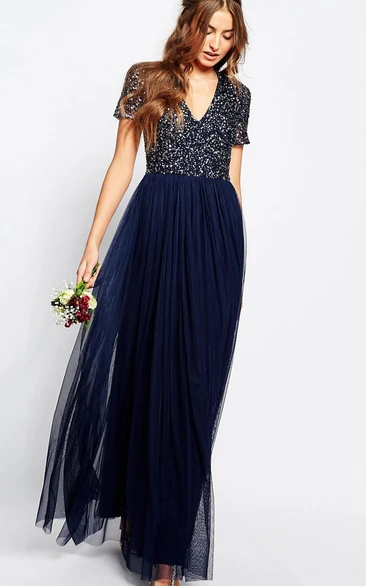 A-Line V-Neck Beaded Short-Sleeve Floor-Length Chiffon Blue Bridesmaid Dress With Pleats