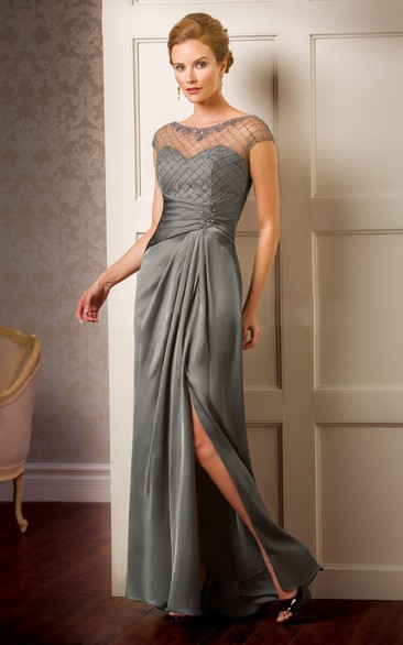 Cap-Sleeved Front Silted Mother Of The Bride Dress With Keyhole Back