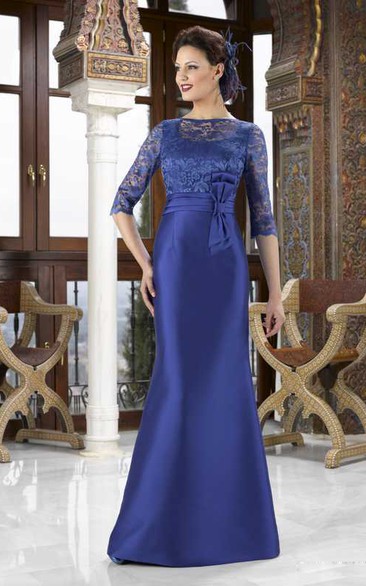 Maxi Jewel Neck Lace 3-4 Sleeve Satin Mother Of The Bride Dress With Bow