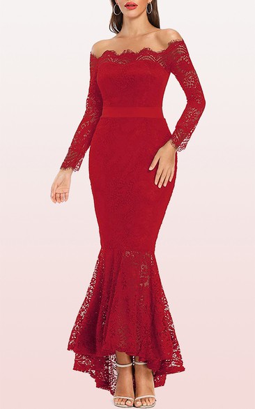 Vintage Long Sleeve Lace Mermaid Off-the-shoulder Prom Dress With Sash