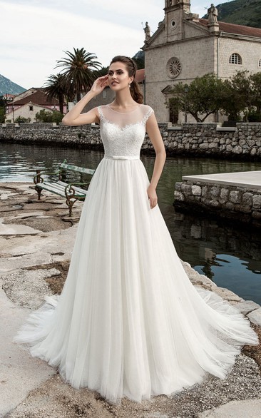 A-Line Floor-Length Jewel-Neck Cap-Sleeve Illusion Tulle Dress With Pleatings