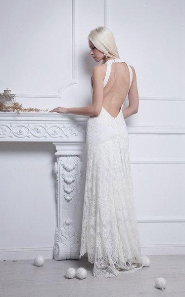 V-Neck Sleeveless Backless Sheath Floor-Length Lace Wedding Dress