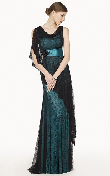Cowl Neckline Asymmetric Sheath Lace Long Prom Dress With Floral Satin Sash