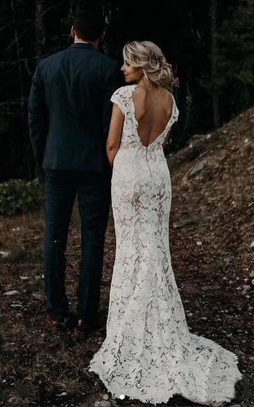 Cap V-neck Keyhole Lace Sheath Casual Outdoor Sweep Train Wedding Dress
