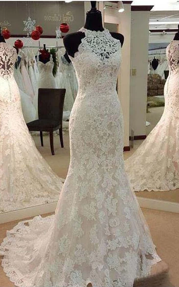 Vintage Illusion High Neck Sleeveless Full Lace Mermaid Wedding Dress Styles