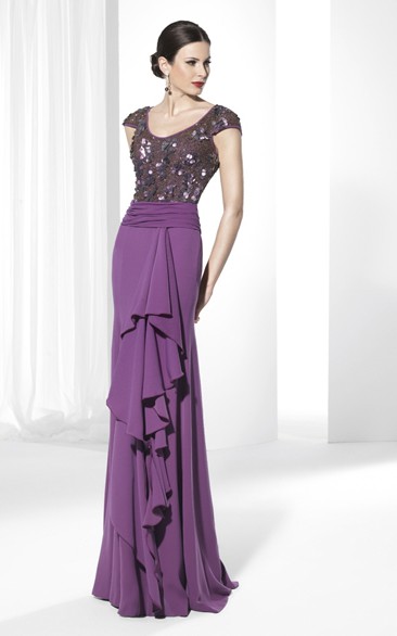 Sheath Maxi V-Neck Cap-Sleeve Sequined Jersey Prom Dress With Beading