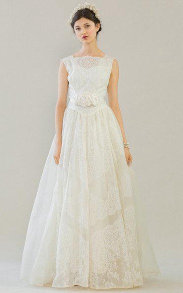 Lace Sleeveless A-Line Dress With Floral Embellishment and Slim Bow