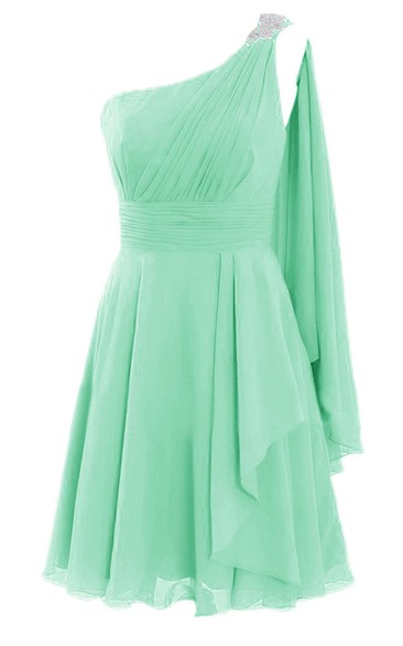 One-shoulder Beaded Pleated Chiffon A-line Gown With Cape