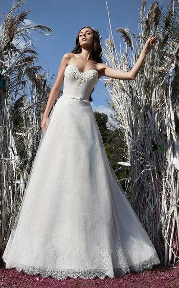 A-Line Floor-Length Sweetheart Sleeveless Corset-Back Lace Dress With Appliques And Sash