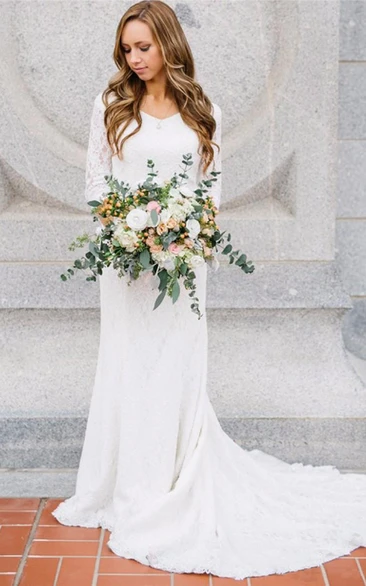 Country Style Vintage Modest Bohemian Lace Chiffon Wedding Gown With Long Sleeves