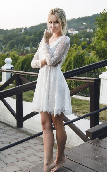 Lace Long Sleeve Short Sexy Wedding Dress With Deep V-neck
