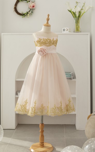 Jewel-neck Two-Tone Applique A-line Tulle Empire Flowergirl Dress
