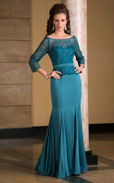 3-4 Sleeved Mermaid Mother Of The Bride Dress With Jewels And Pleats