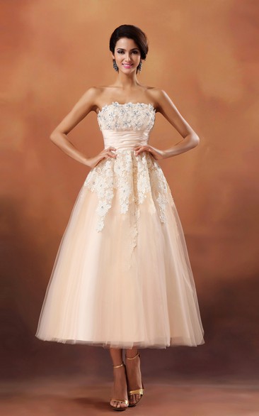 Strapless Cinched-Waisband Tea-Length Dress With Lace Appliques