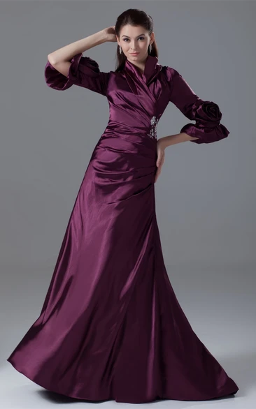 Exquisite Side-Ruched Long-Sleeve Beading and Gown With Flower