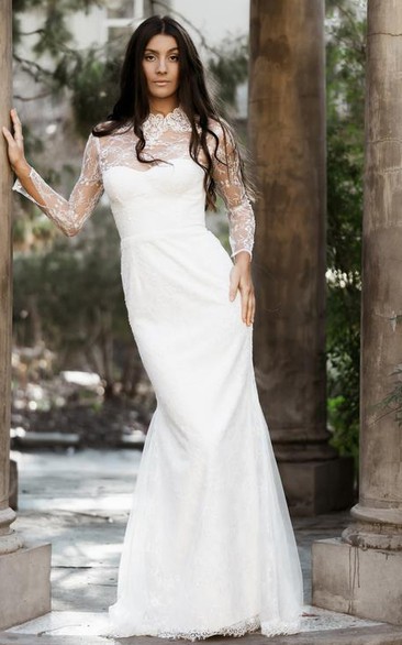 Modern High Neck Lace Mermaid Long Sleeve Floor-length Sweep Train Wedding Dress