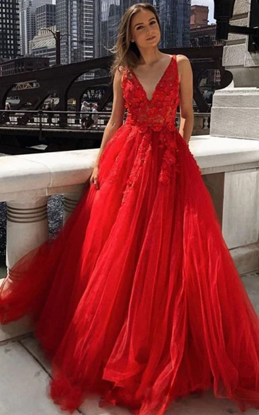 Elegant Lace Tulle Ball Gown V-neck Sleeveless Prom Dress With Appliques Beading