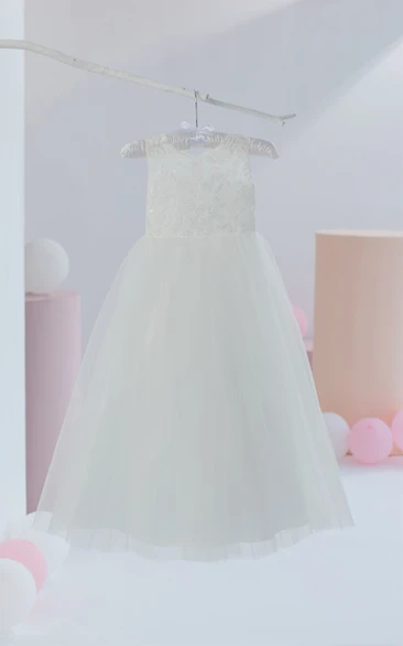 White First Communion Tulle A-line Lace Flowergirl Dress