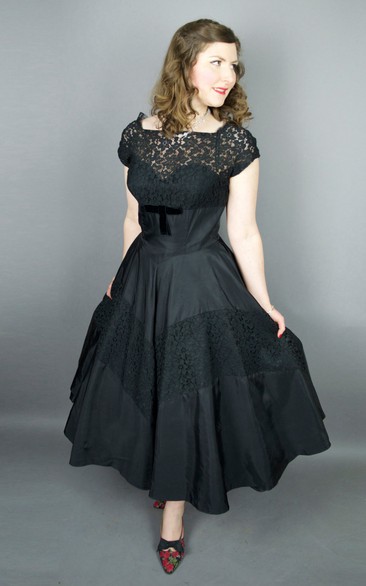 Cap-sleeve Tea-length A-line Satin Dress With Lace