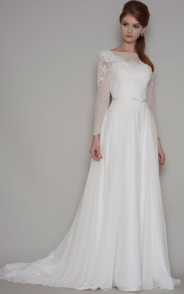 Sheath Long-Sleeve Bateau-Neck Chiffon Wedding Dress With Illusion