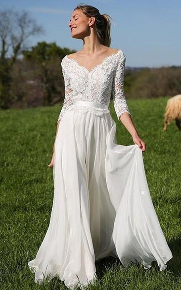 Romantic V-neck Chiffon Lace A Line Floor-length 3/4 Length Sleeve Wedding Dress